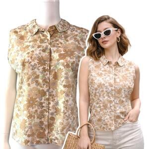 Vtg 70s Floral Sleeveless Blouse Size XL 16 Boho Cottagecore Shapely Classic